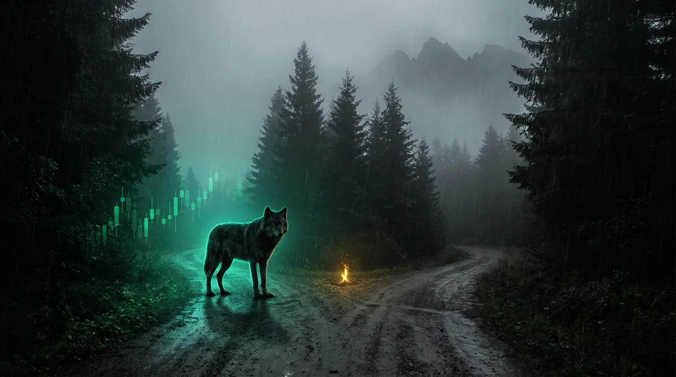 A lone wolf at a fork in a dark misty pine forest, one path lit by an electric emerald-teal glow with an amber spark, cinematic fintech-noir style.