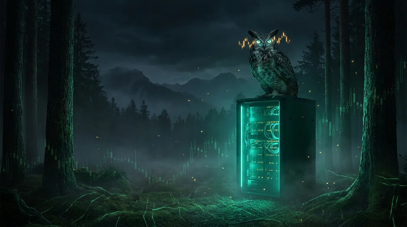 A wise owl perched on a glowing teal server rack in a dark misty pine forest, eyes reflecting a green candlestick chart, cinematic fintech-noir style.