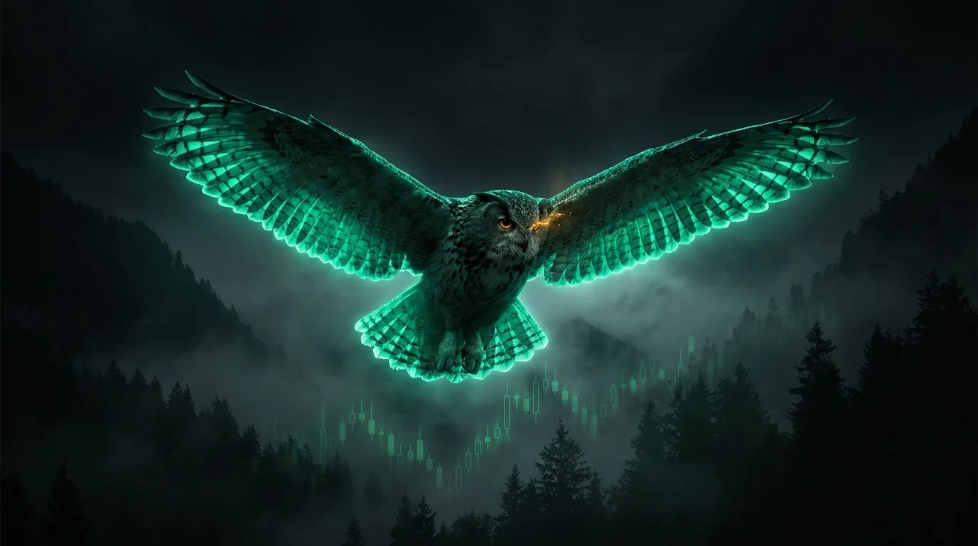 An owl in mid-flight over a dark foggy mountain valley, teal light glowing under its feathers and a faint green candlestick chart in the mist, cinematic fintech-noir style.