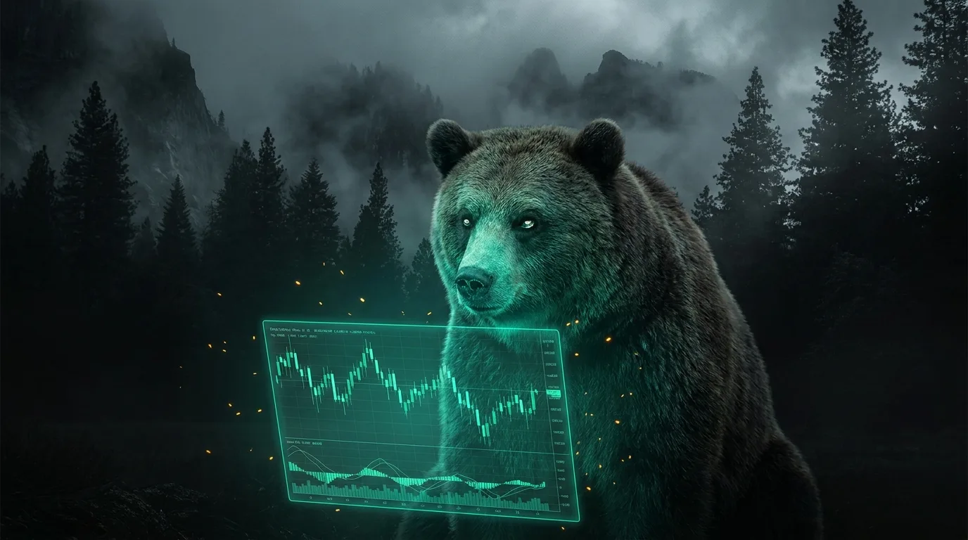A grizzly bear studying a glowing teal data screen in a dark misty forest at night, eyes reflecting candlestick charts, emerald-green glow with a faint amber spark, fintech-noir.