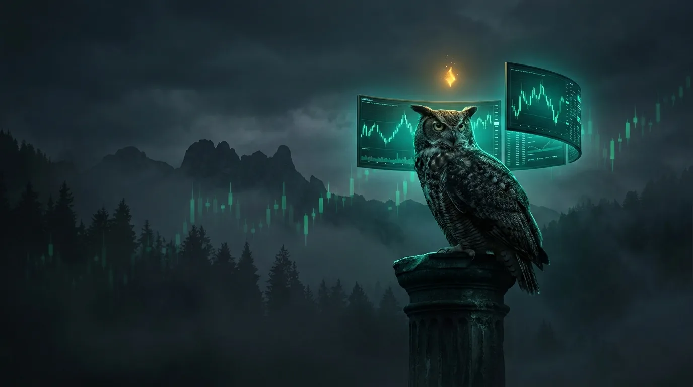 A wise owl surveying glowing teal candlestick monitors in cinematic fintech-noir style.