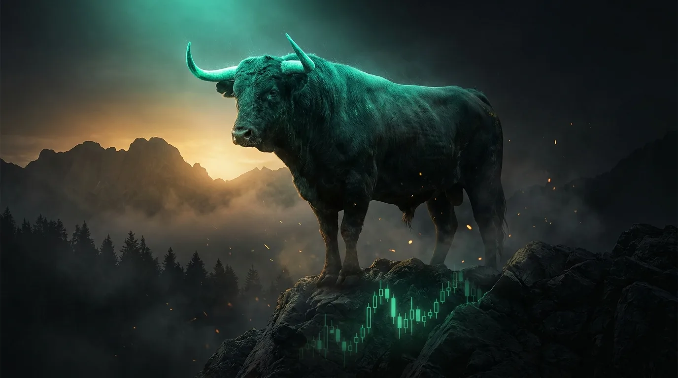 A powerful bull on a dark mountain ridge lit by an electric emerald-teal glow with an amber sunrise behind distant peaks, cinematic fintech-noir style.
