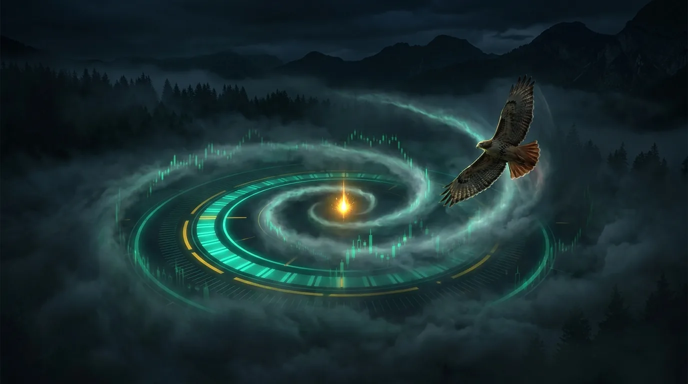 A hawk circling above a glowing teal and Binance-yellow trading floor in dark fog, an amber spark marking the live trade, cinematic fintech-noir style.