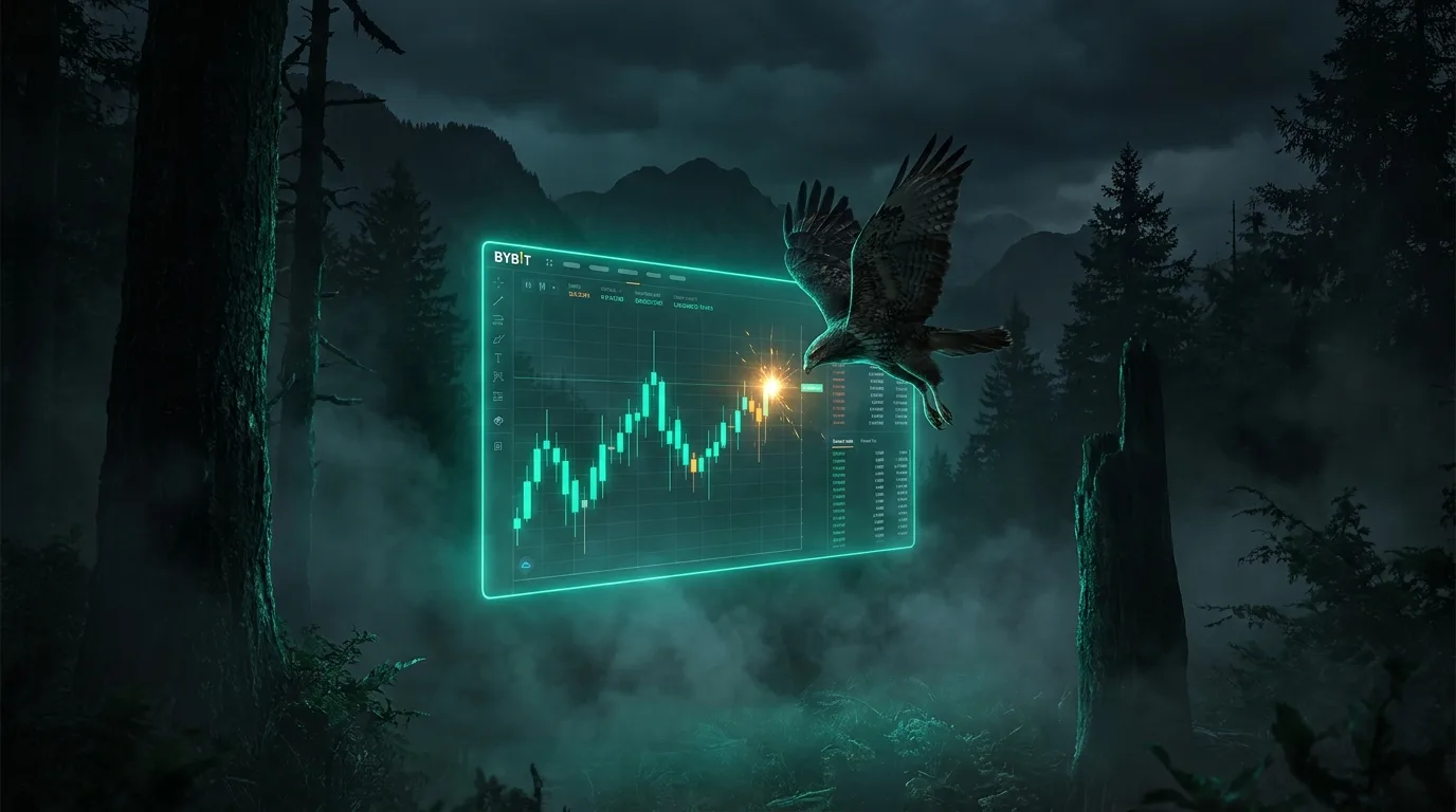 A hawk diving toward a glowing teal Bybit-style exchange interface in dark fog, an amber spark at the API node, cinematic fintech-noir style.