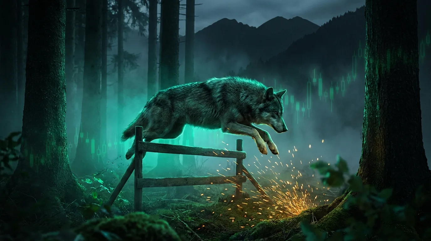 A lone wolf leaping cleanly over a hurdle in a dark misty pine forest, lit by an electric emerald-teal glow with an amber spark at the landing point, cinematic fintech-noir style.
