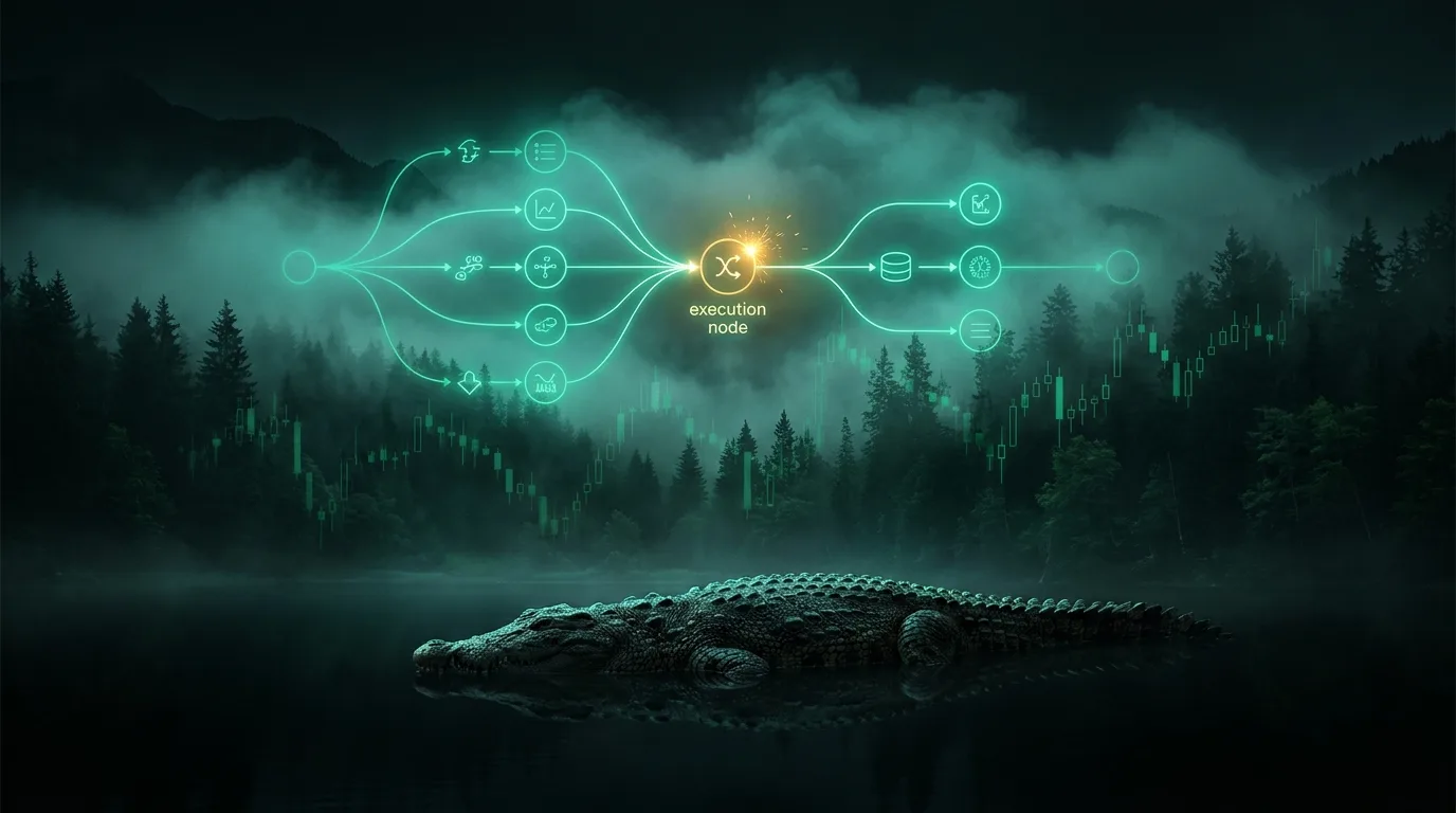 A crocodile lying still in dark water at night, only its eyes above the surface, a glowing teal algorithm diagram projected in the mist above, cinematic fintech-noir style.