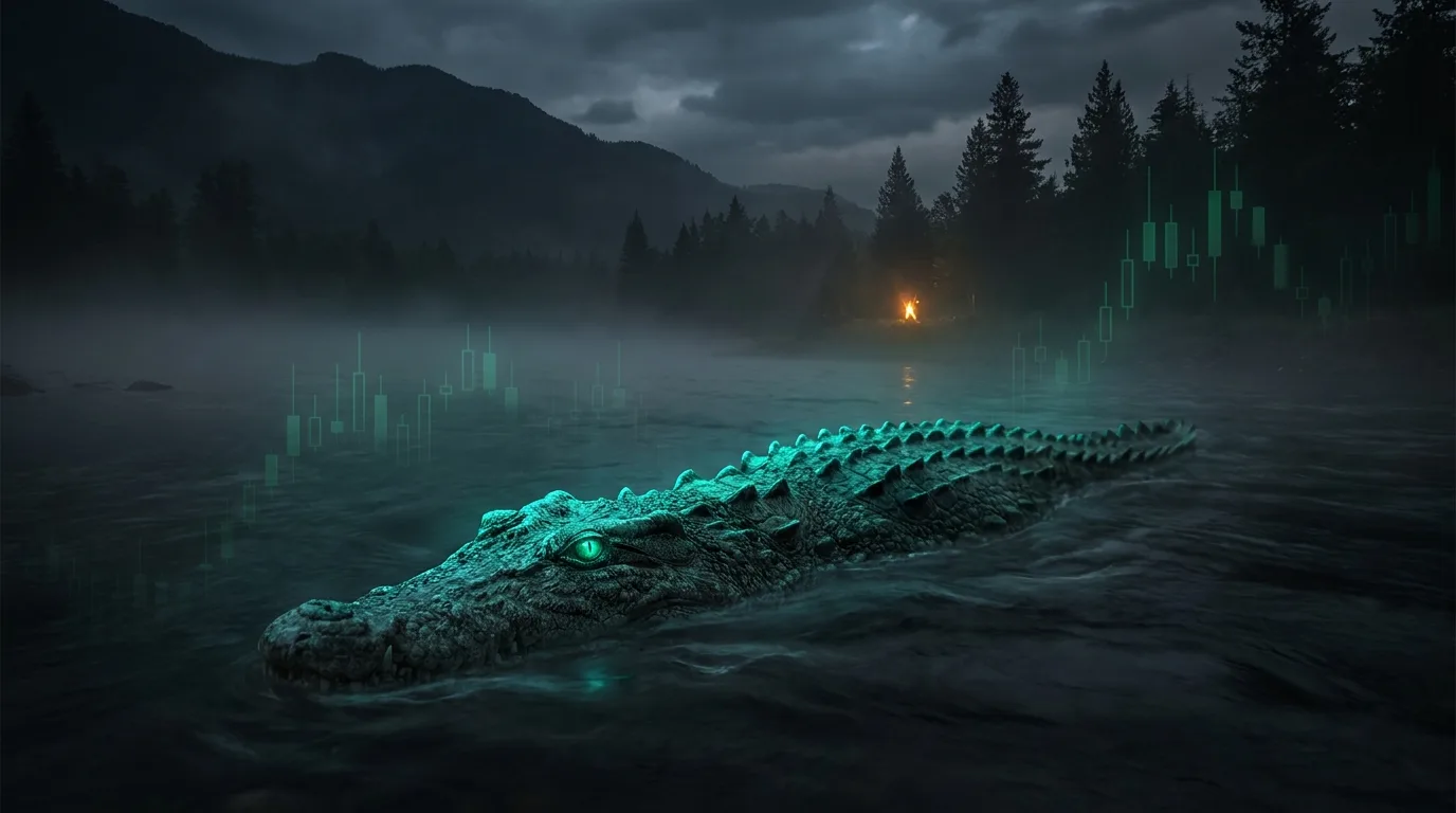 A massive crocodile half-submerged in a dark misty river at night, only its eyes above the waterline, lit by an electric emerald-teal glow with a faint amber spark, cinematic fintech-noir style.