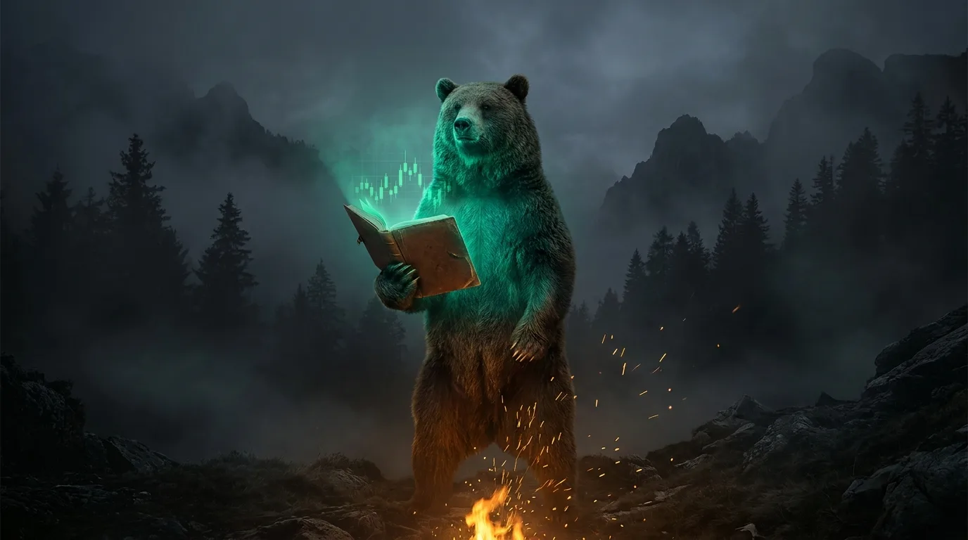 A bear standing upright holding a glowing teal playbook against a misty mountain backdrop, amber firelight below and a faint green candlestick chart in the fog, cinematic fintech-noir style.
