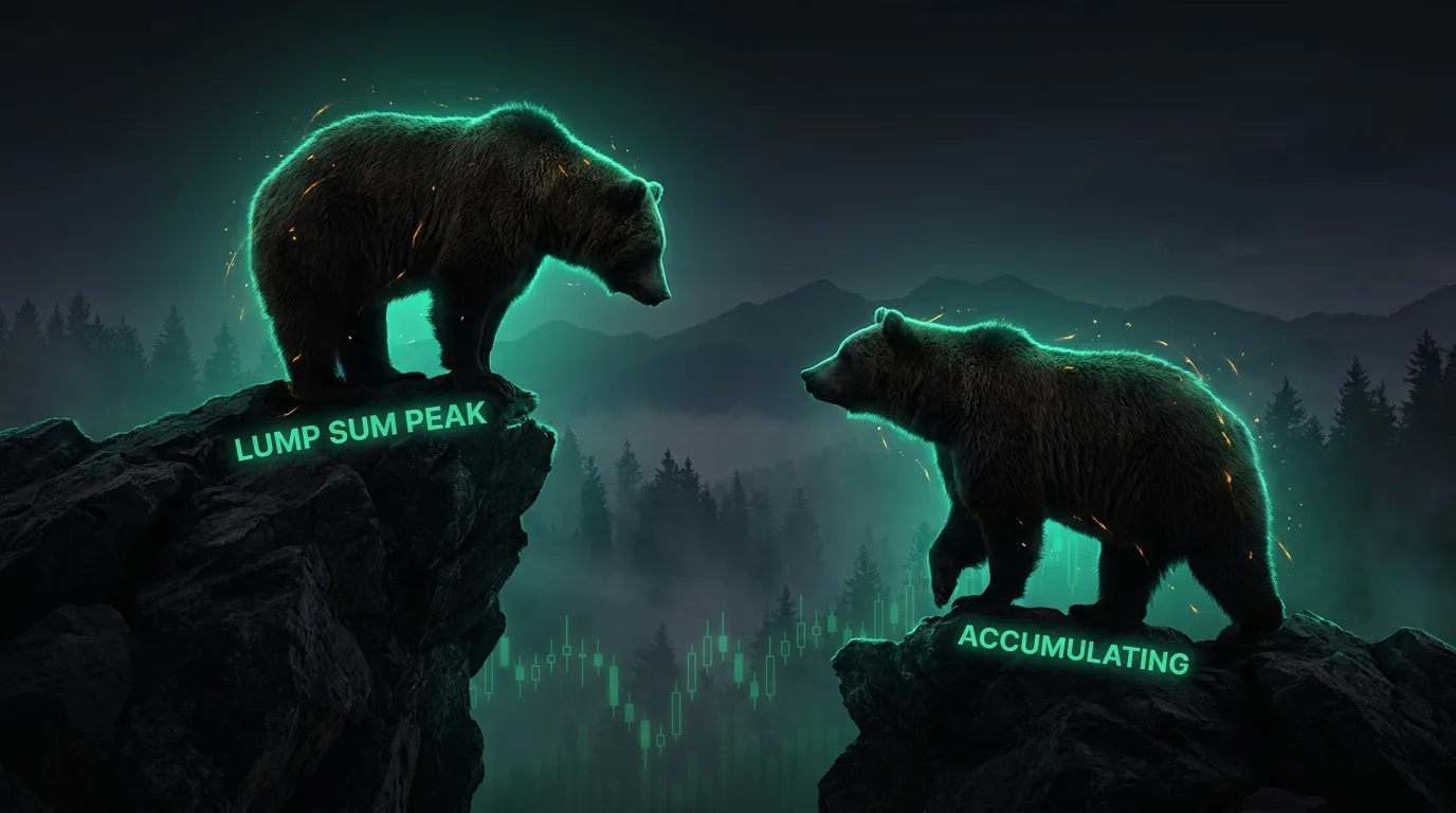 Two powerful bears facing each other across a rocky ridge at dusk, one higher and one lower on the slope, lit by an electric emerald-teal glow with a faint amber spark, a subtle green candlestick chart in the misty pine forest, cinematic fintech-noir style.