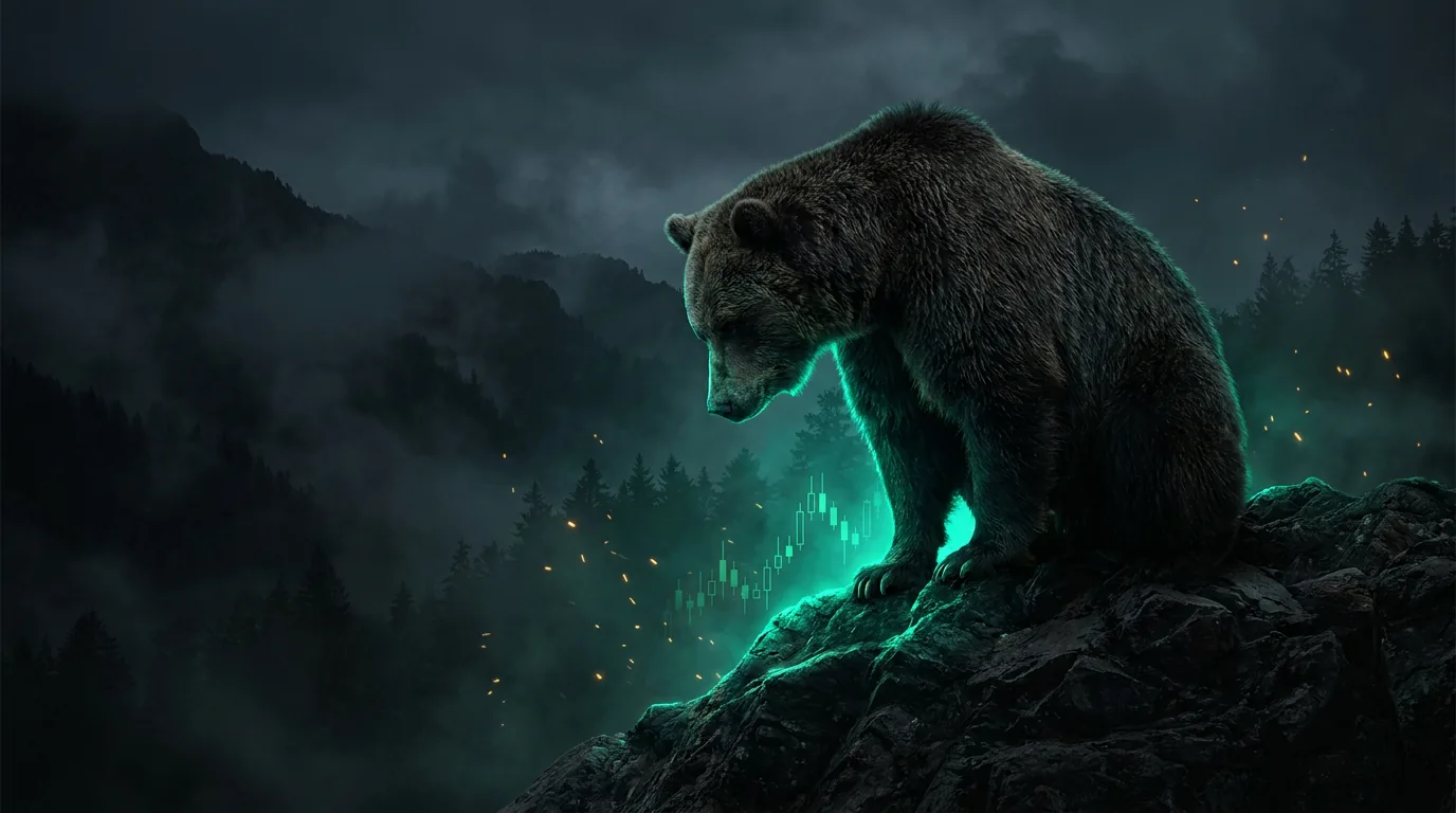 A patient bear on a rocky ledge overlooking a misty mountain valley at night, emerald-green glow, fintech-noir.
