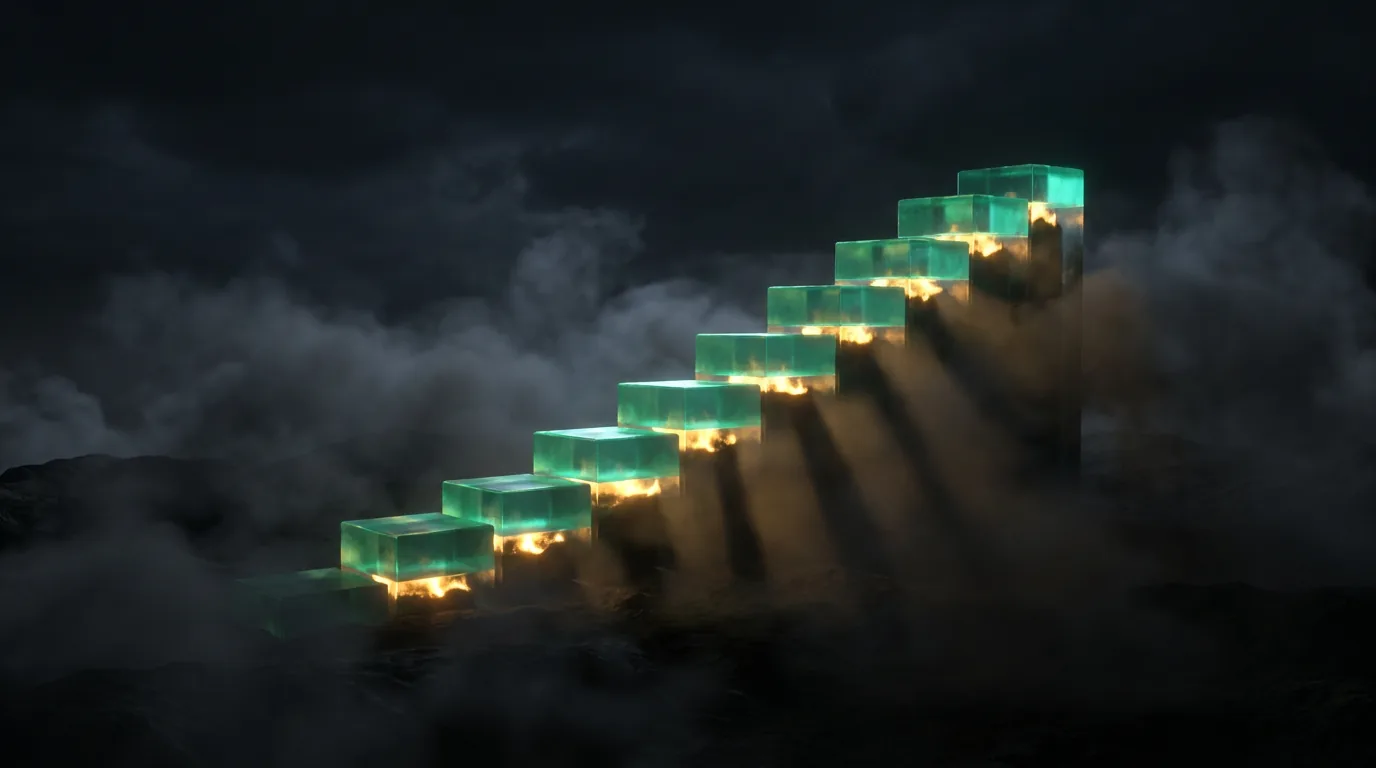 A glowing teal price chart forming a steady staircase climbing upward through dark fog, each step lit from below by a small amber ember, cinematic fintech-noir style, no text.