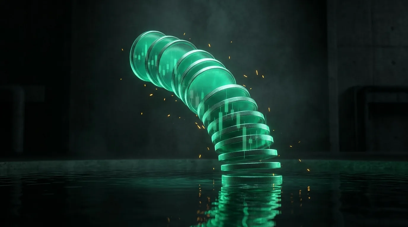 Stacked teal coins descending like a slow waterfall into a dark reflective pool, each coin catching green candlestick light, moody fintech-noir style, no text.