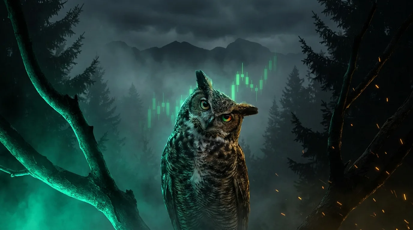 An owl perched between two branches, one lit by an electric teal glow and one fading into shadow, misty pine forest behind it, a faint green candlestick chart in the fog, cinematic fintech-noir style.