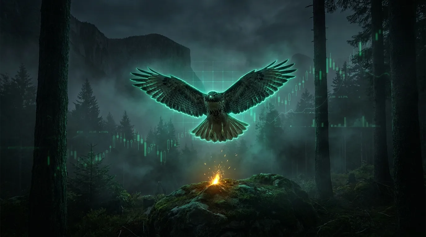 A hawk hovering in dark fog with wings spread in a grid formation, teal light outlining each feather row, amber spark marking a target below, fintech-noir.