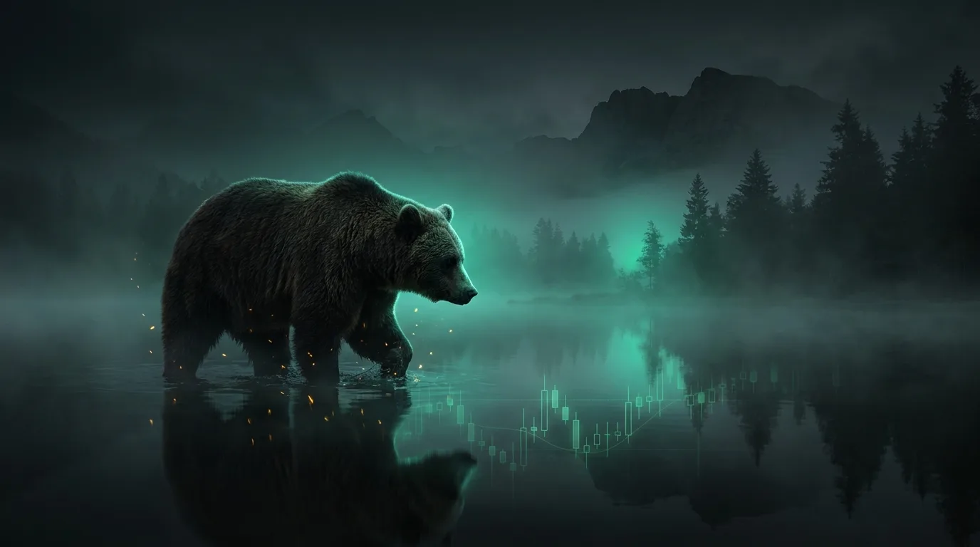 A patient bear scooping the water at the edge of a calm mountain lake at dawn, lit by an electric emerald-teal glow with a faint amber spark, a subtle green candlestick chart in the misty pine forest, cinematic fintech-noir style.