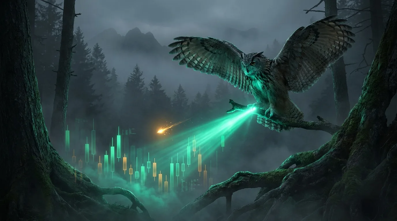 An owl guiding a beam of teal light toward a glowing green candlestick display in dark fog, teacher's pose with an amber spark ahead, cinematic fintech-noir style.