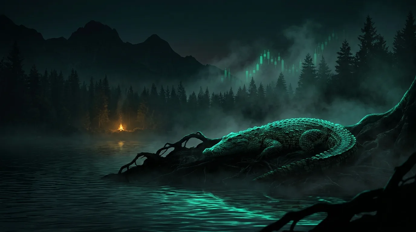A crocodile resting still on a moonlit riverbank lit by an emerald-teal glow with a faint amber campfire in the treeline, a subtle green candlestick chart in the fog, cinematic fintech-noir style.