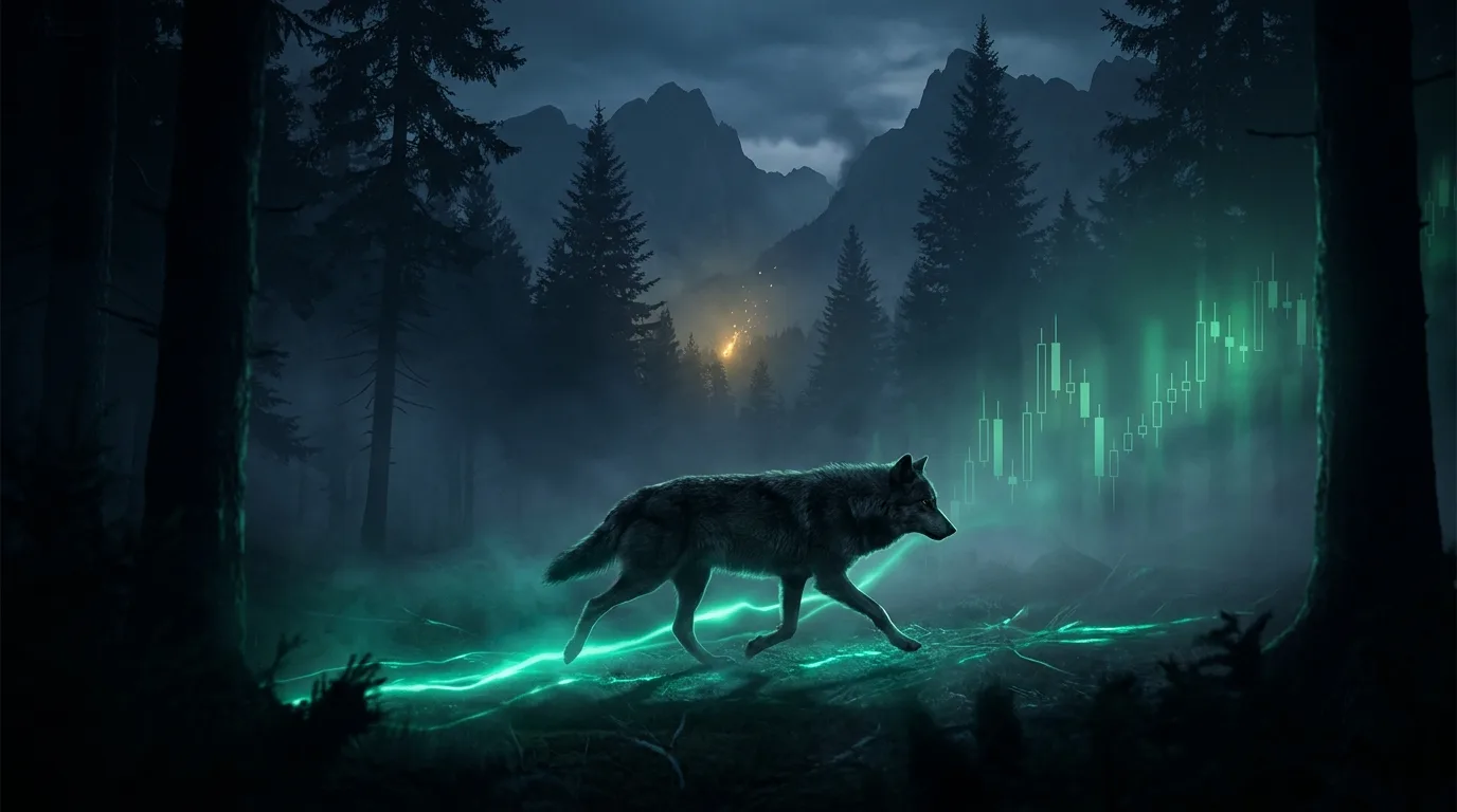 A wolf running freely through a dark open forest with no fences, emerald-teal glow tracing its path and a faint amber spark ahead, fintech-noir.