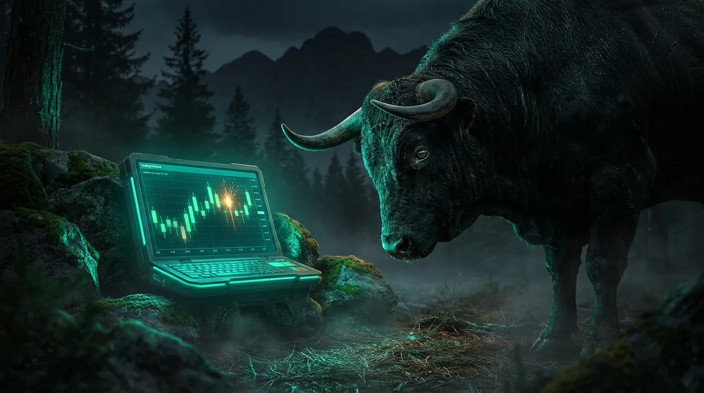 A powerful bull lowering its head toward a glowing teal trading terminal in the dark, an amber candlestick spark reflected in its eye, cinematic fintech-noir style.